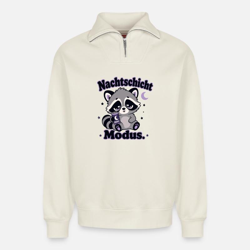 Nachtschicht Waschbär Modus - Relaxed Unisex Organic Half Zip Sweatshirt – von SPREAD - Naturweiß