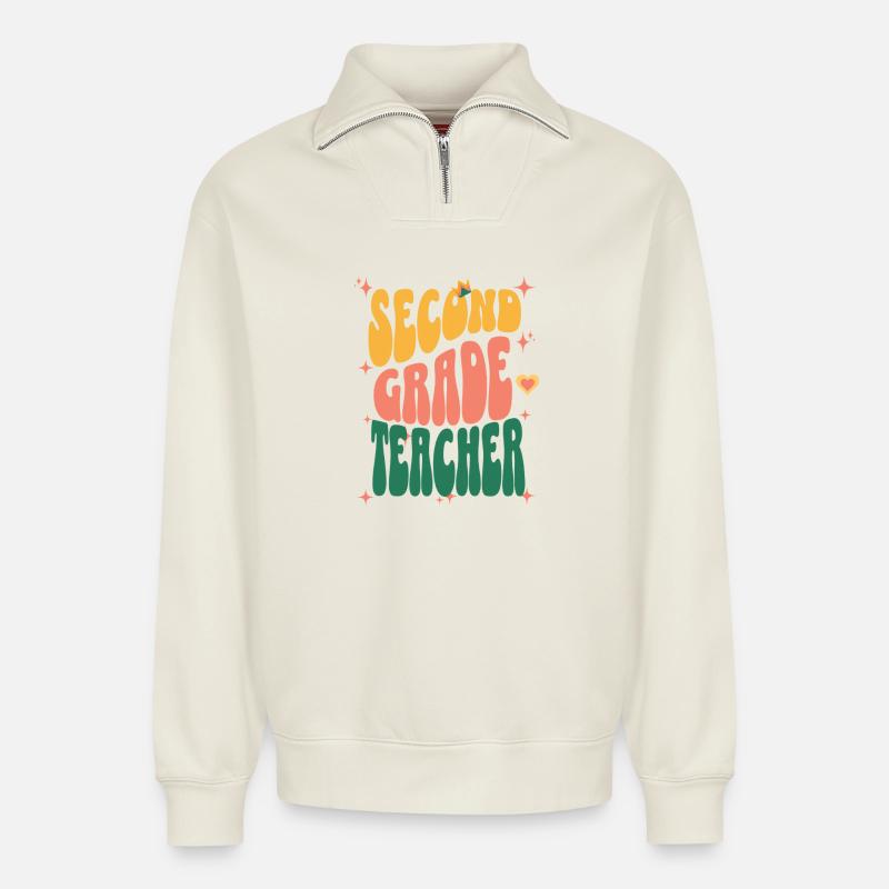 Second Grade Teacher Retro - Relaxed Unisex Organic Half Zip Sweatshirt – by SPREAD - off white