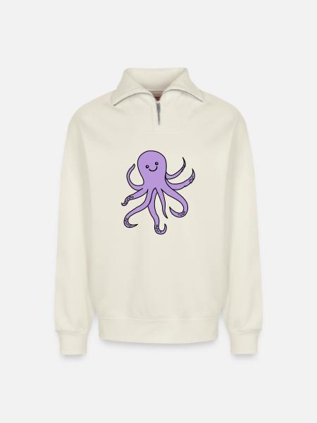 Charme de pieuvre violette - Sweat unisexe décontracté en coton biologique à demi-zip – de SPREAD - blanc cassé