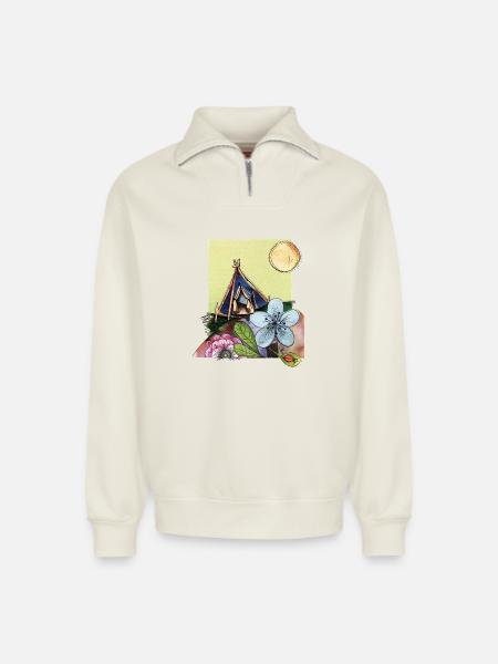 Camping in a tent - Relaxed Unisex Organic Half Zip Sweatshirt – by SPREAD - off white