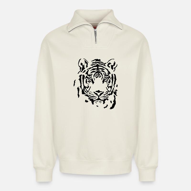 tiger - Sweat unisexe décontracté en coton biologique à demi-zip – de SPREAD - blanc cassé