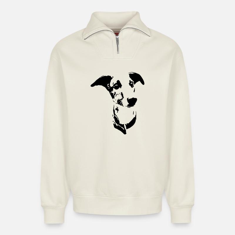 Whippet Kopf - Relaxed Unisex Organic Half Zip Sweatshirt – von SPREAD - Naturweiß
