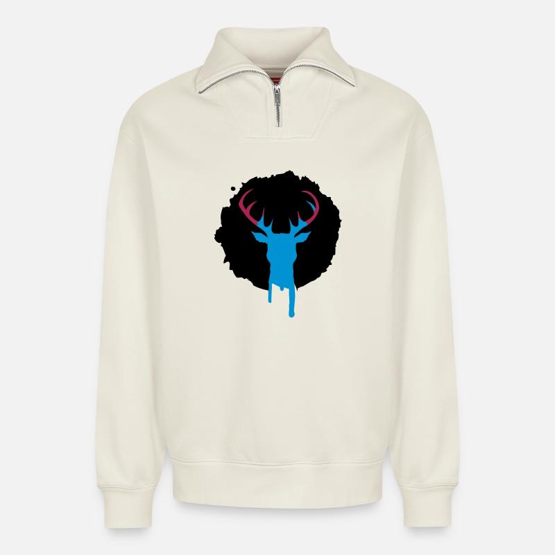 Patch de cerf graffiti - Sweat unisexe décontracté en coton biologique à demi-zip – de SPREAD - blanc cassé