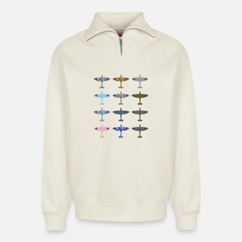 Spitfire Kampfflugzeug / Tarnmuster - Relaxed Unisex Organic Half Zip Sweatshirt – von SPREAD - Naturweiß