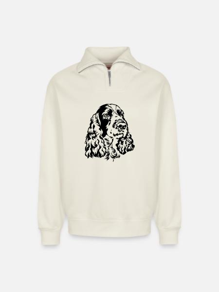 English Springer Spaniel Head - Relaxed Unisex Organic Half Zip Sweatshirt – by SPREAD - off white