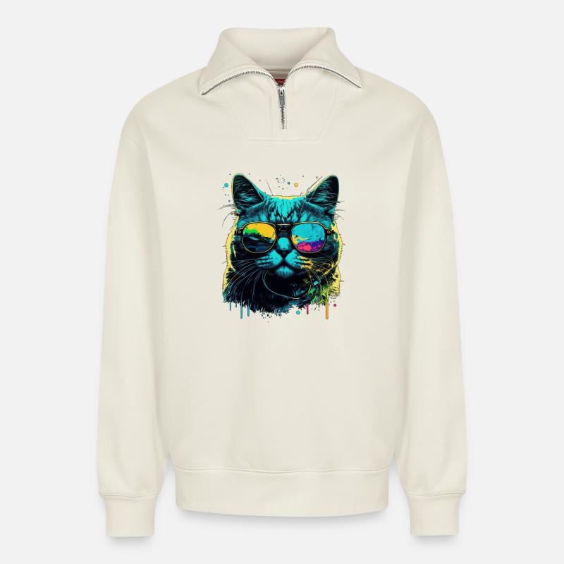 Chat cool - Sweat unisexe décontracté en coton biologique à demi-zip – de SPREAD - blanc cassé
