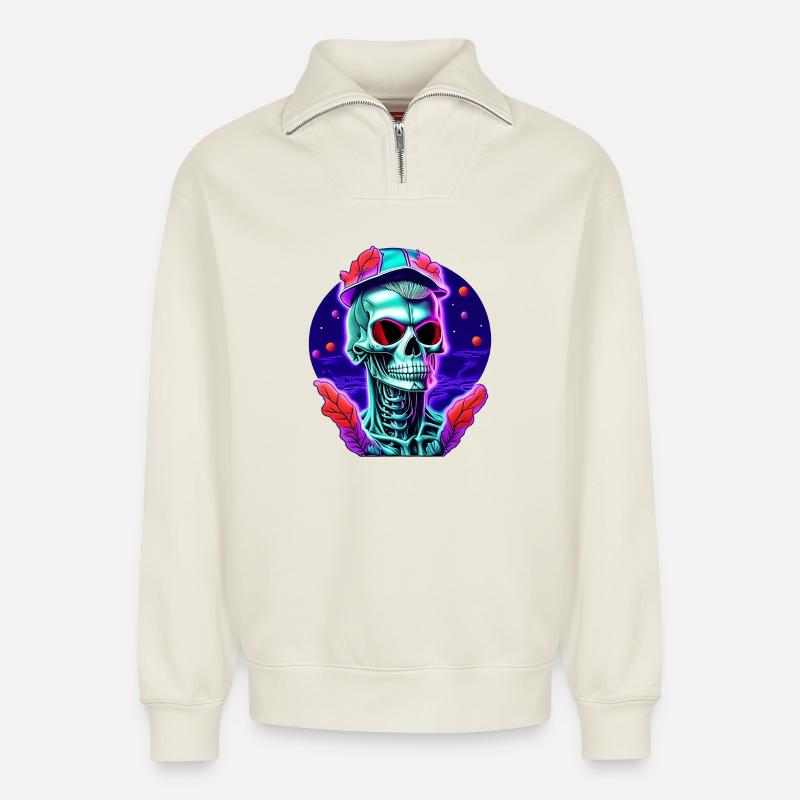 Skelett mit Kappe - Relaxed Unisex Organic Half Zip Sweatshirt – von SPREAD - Naturweiß