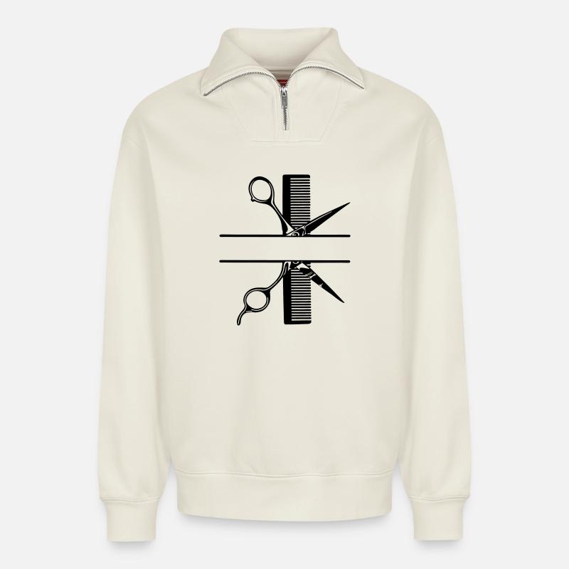 Schere mit Kammtextbanner - Relaxed Unisex Organic Half Zip Sweatshirt – von SPREAD - Naturweiß