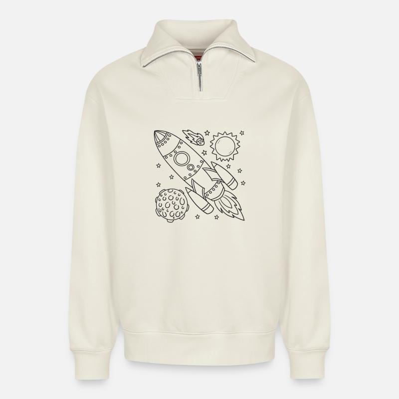 Rakete Weltraum Spaceship - Relaxed Unisex Organic Half Zip Sweatshirt – von SPREAD - Naturweiß