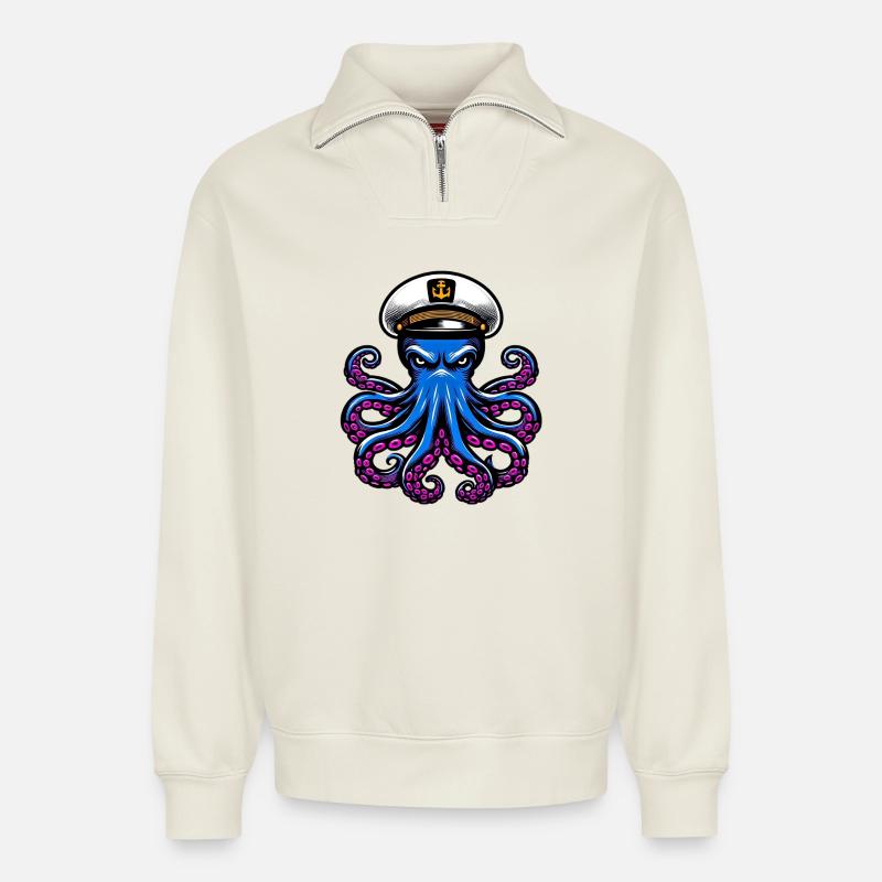 Pieuvre - Sweat unisexe décontracté en coton biologique à demi-zip – de SPREAD - blanc cassé