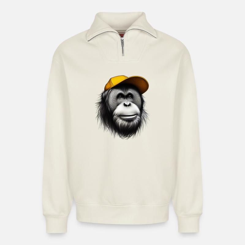 Orangutan Monkey - Relaxed Unisex Organic Half Zip Sweatshirt – by SPREAD - off white
