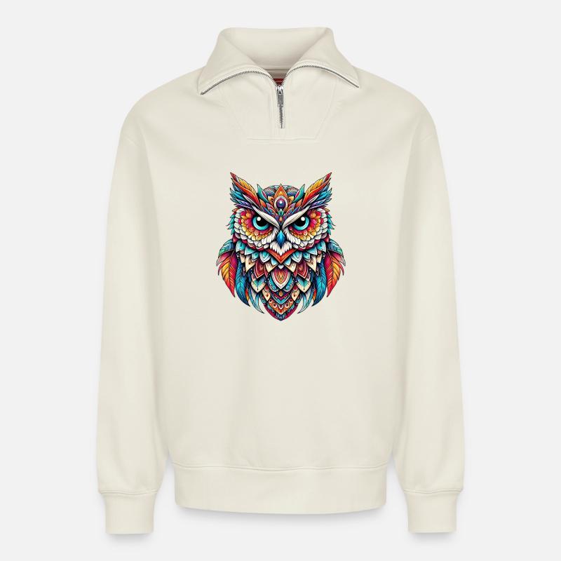 Eule - Relaxed Unisex Organic Half Zip Sweatshirt – von SPREAD - Naturweiß