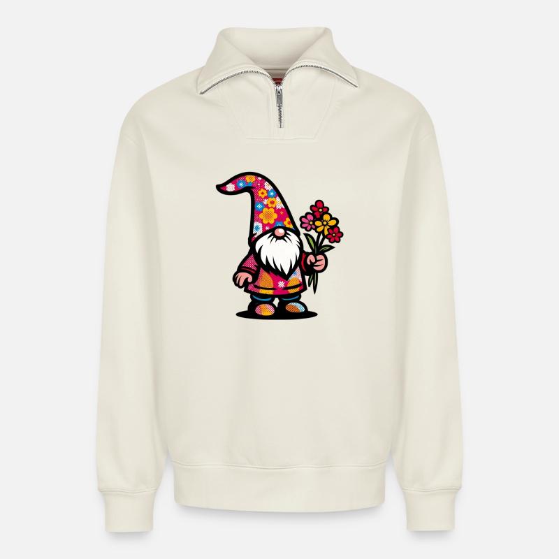 Gnome à fleurs - Sweat unisexe décontracté en coton biologique à demi-zip – de SPREAD - blanc cassé
