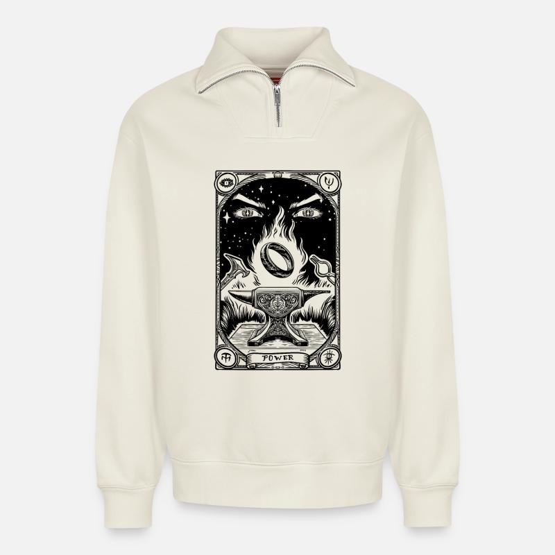 Ein Ring Tarot schwarz - Relaxed Unisex Organic Half Zip Sweatshirt – von SPREAD - Naturweiß