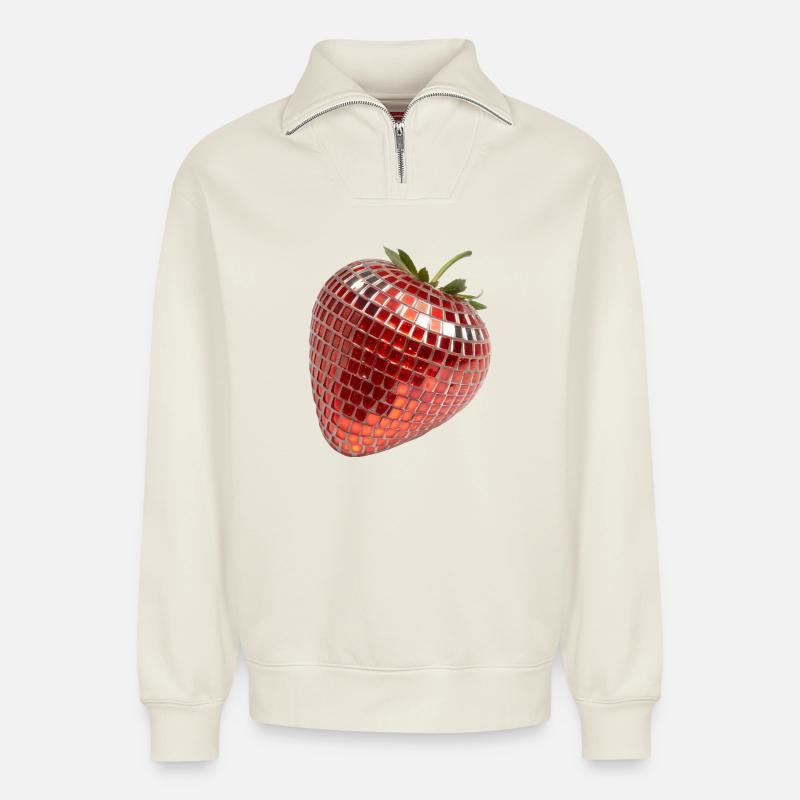 Disco Party Früchte, Erdbeere - Relaxed Unisex Organic Half Zip Sweatshirt – von SPREAD - Naturweiß