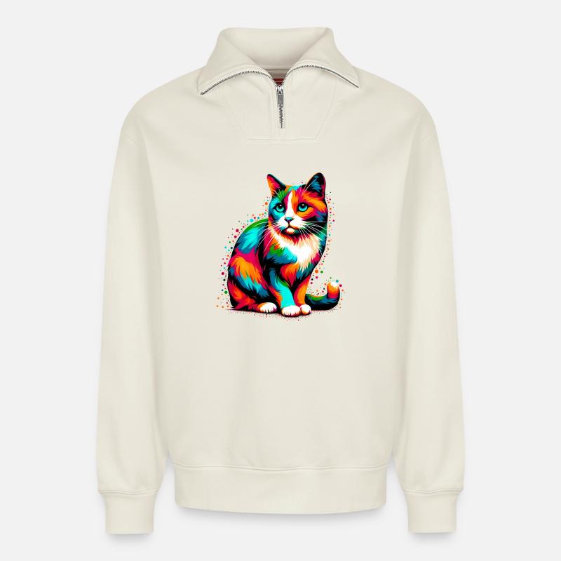 Katze - Relaxed Unisex Organic Half Zip Sweatshirt – von SPREAD - Naturweiß