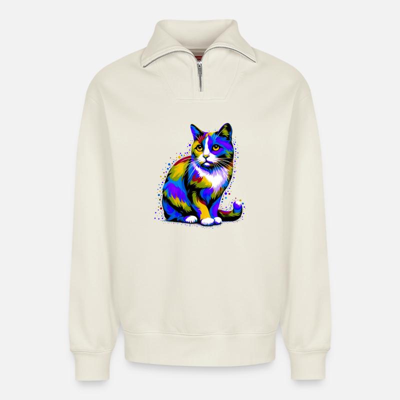 Katze - Relaxed Unisex Organic Half Zip Sweatshirt – von SPREAD - Naturweiß