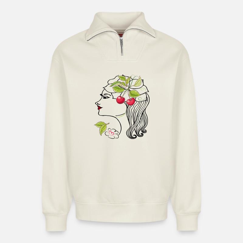 Frauenkopf mit Kirschen - Relaxed Unisex Organic Half Zip Sweatshirt – von SPREAD - Naturweiß