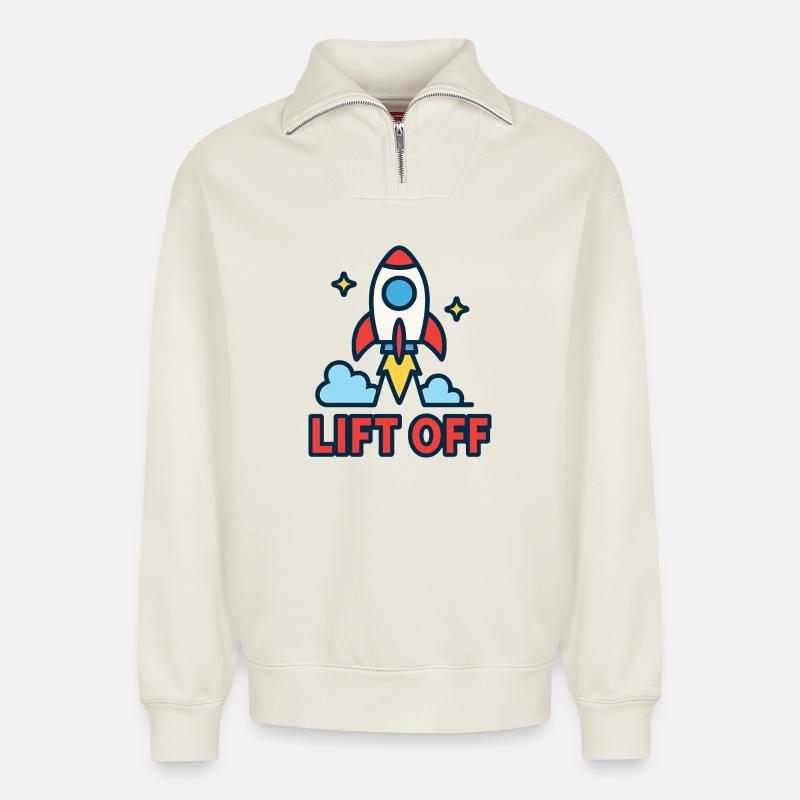 Ascension Galactique - Rocket Design - Sweat unisexe décontracté en coton biologique à demi-zip – de SPREAD - blanc cassé