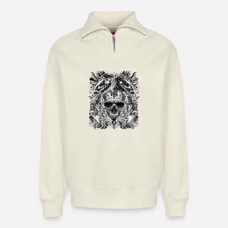 Dunkler Stammesschädel mit mystischen Elementen - Relaxed Unisex Organic Half Zip Sweatshirt – von SPREAD - Naturweiß
