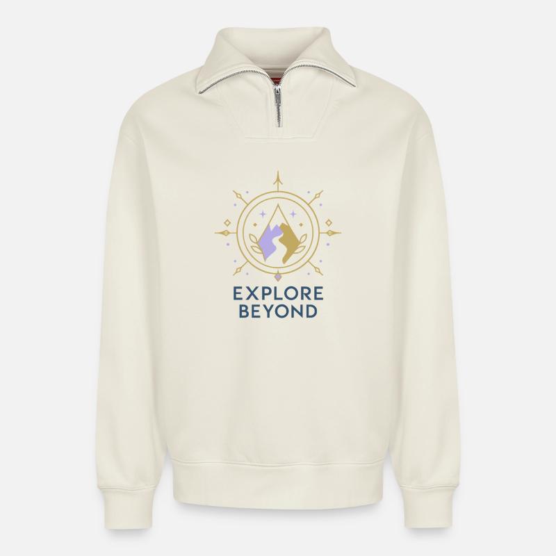 Explore Beyond Compass - Relaxed Unisex Organic Half Zip Sweatshirt – by SPREAD - off white