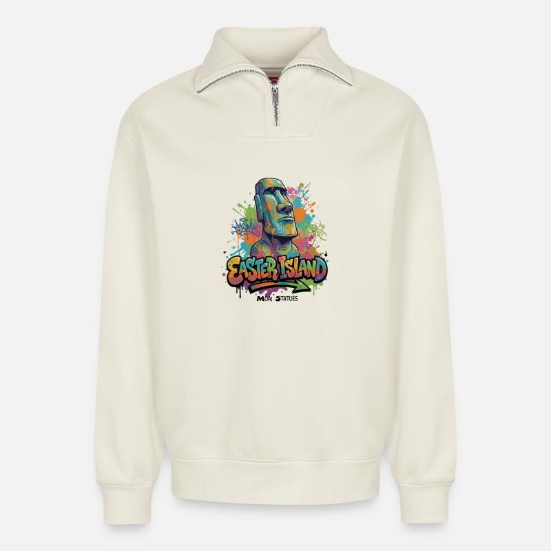 Moai – Hüter der Osterinsel - Vibrant Graffiti  - Relaxed Unisex Organic Half Zip Sweatshirt – von SPREAD - Naturweiß