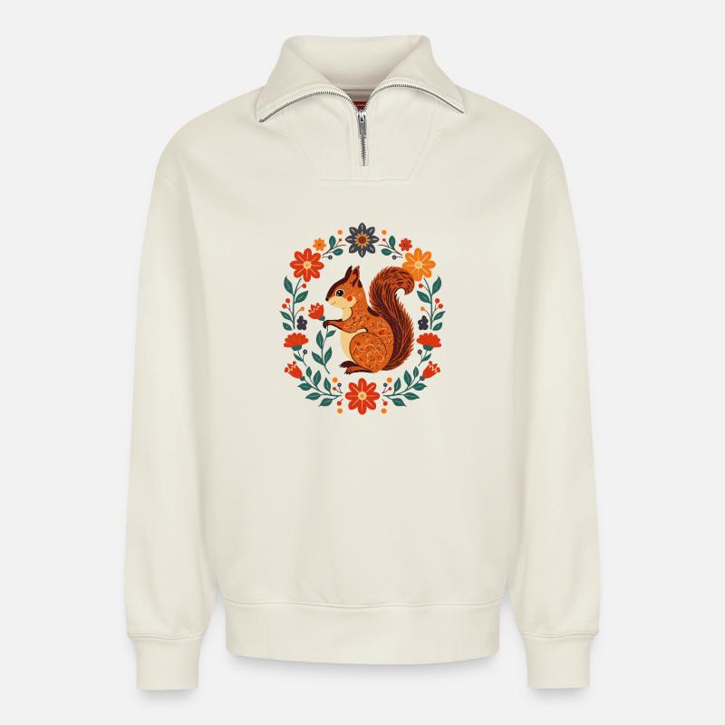 Écureuil à couronne de fleurs - Sweat unisexe décontracté en coton biologique à demi-zip – de SPREAD - blanc cassé