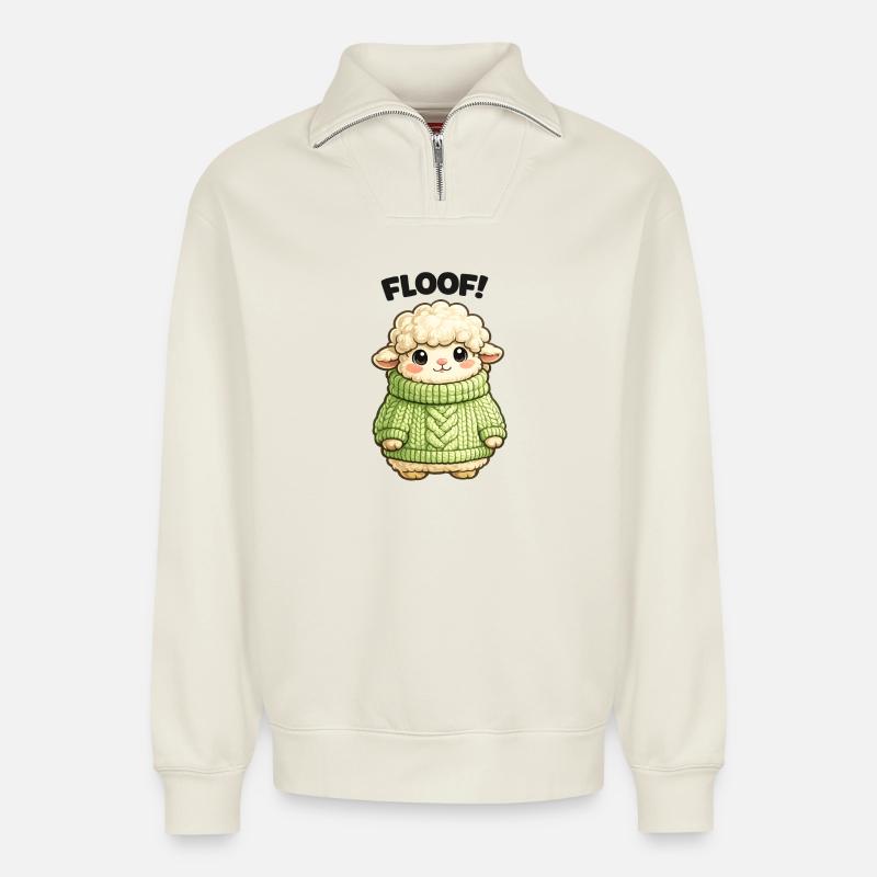 Design de pull mouton câlin - Sweat unisexe décontracté en coton biologique à demi-zip – de SPREAD - blanc cassé