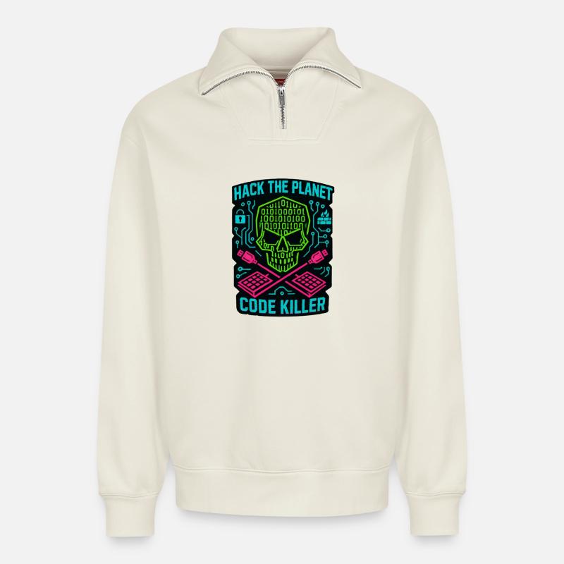 Hack the Planet Code Killer - Cybersécurité - Sweat unisexe décontracté en coton biologique à demi-zip – de SPREAD - blanc cassé