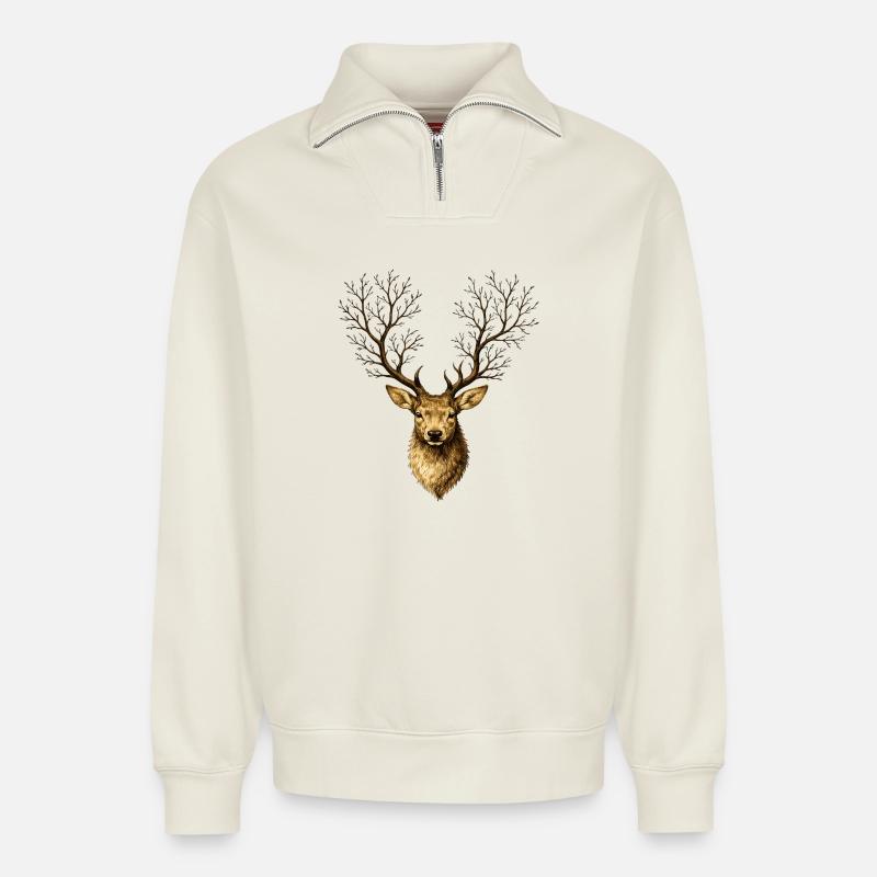 Hirschkopf mit Baumgeweih – Mystischer Waldgeist - Sweat unisexe décontracté en coton biologique à demi-zip – de SPREAD - blanc cassé