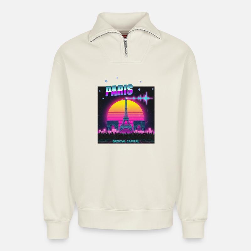 Paris Retro Wave Techno - Sweat unisexe décontracté en coton biologique à demi-zip – de SPREAD - blanc cassé