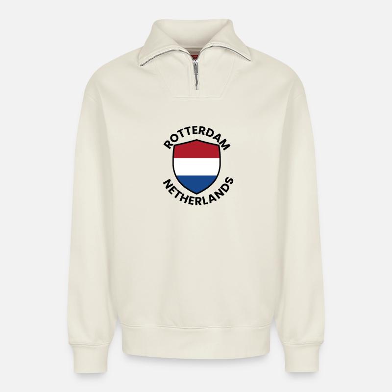 Rotterdam Shield-Flagge - Relaxed Unisex Organic Half Zip Sweatshirt – von SPREAD - Naturweiß