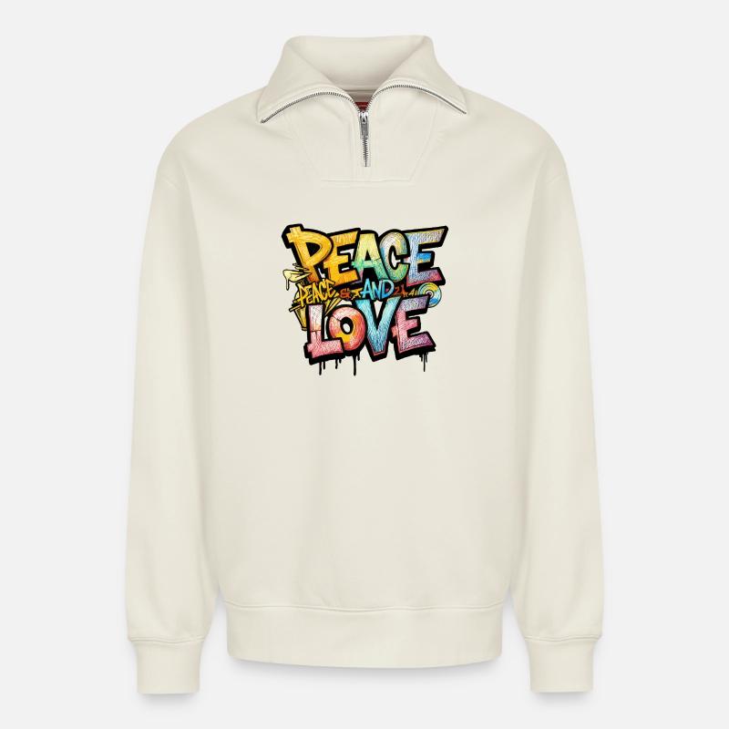 Peace and Love Graffiti - Relaxed Unisex Organic Half Zip Sweatshirt – von SPREAD - Naturweiß