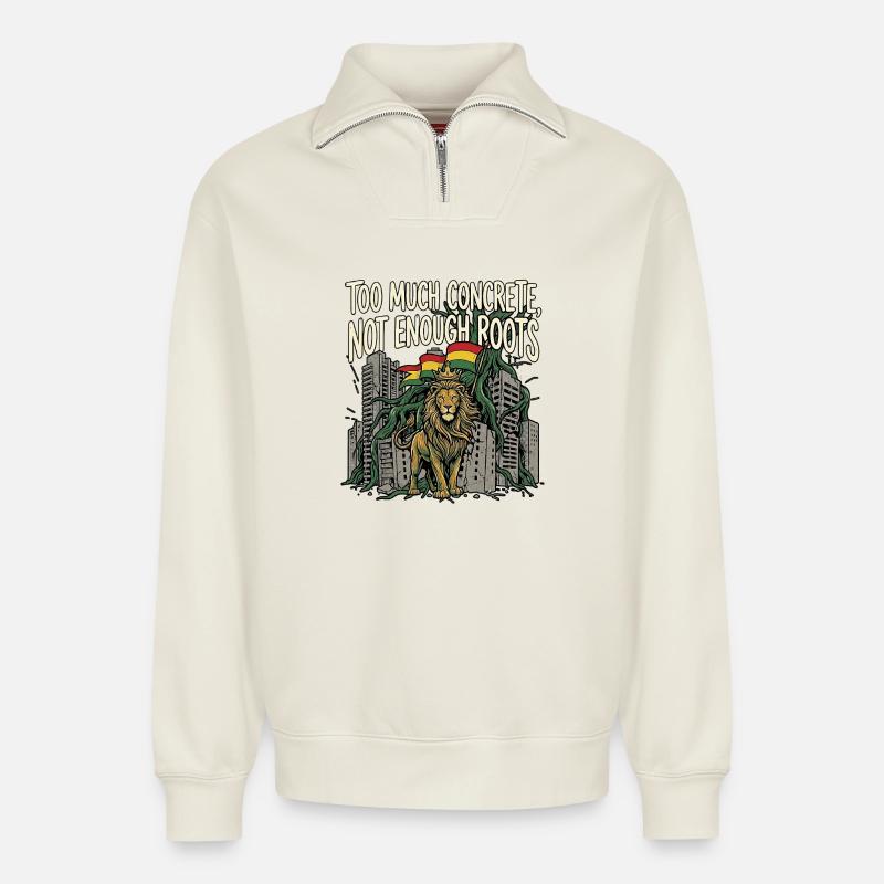More Roots Lion - Relaxed Unisex Organic Half Zip Sweatshirt – by SPREAD - off white