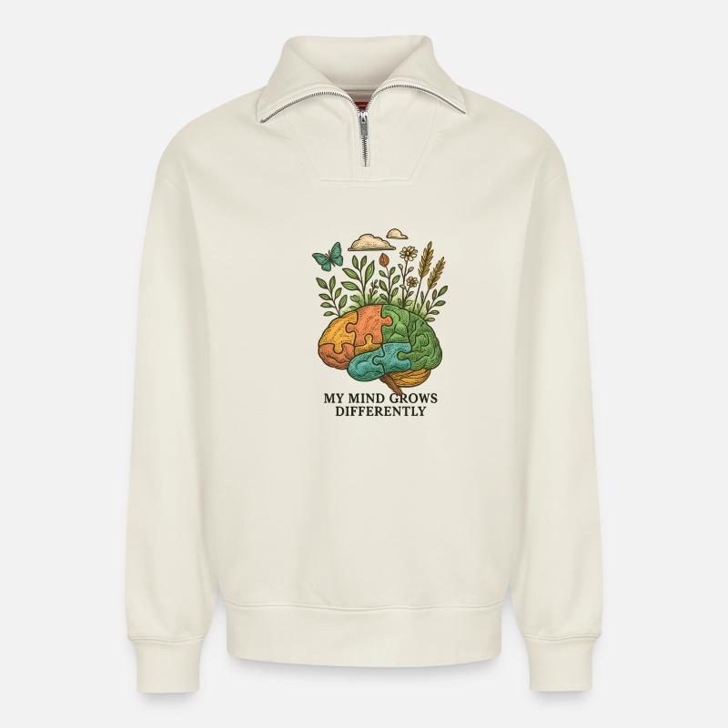 Gehirn wächst anders - Relaxed Unisex Organic Half Zip Sweatshirt – von SPREAD - Naturweiß