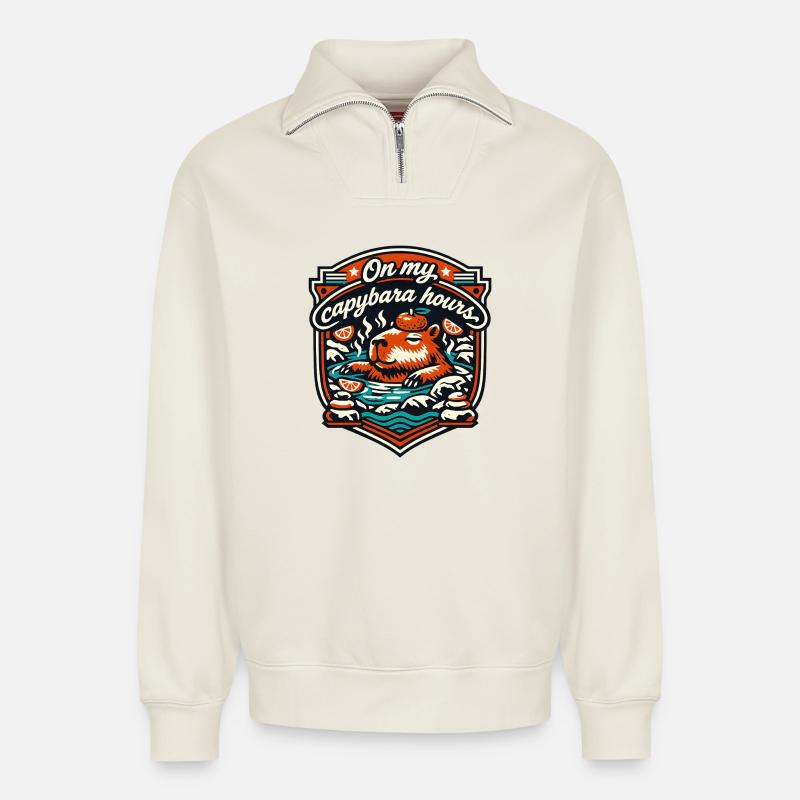 Capybara Hours Relaxation Bath - Relaxed Unisex Organic Half Zip Sweatshirt – by SPREAD - off white