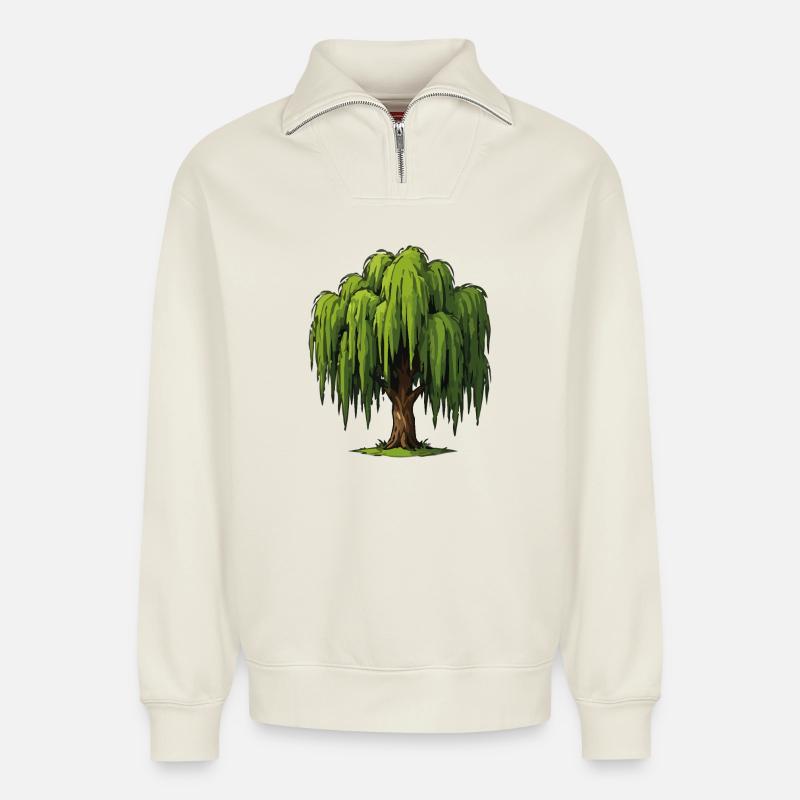 Weeping Willow Graphic - Relaxed Unisex Organic Half Zip Sweatshirt – by SPREAD - off white