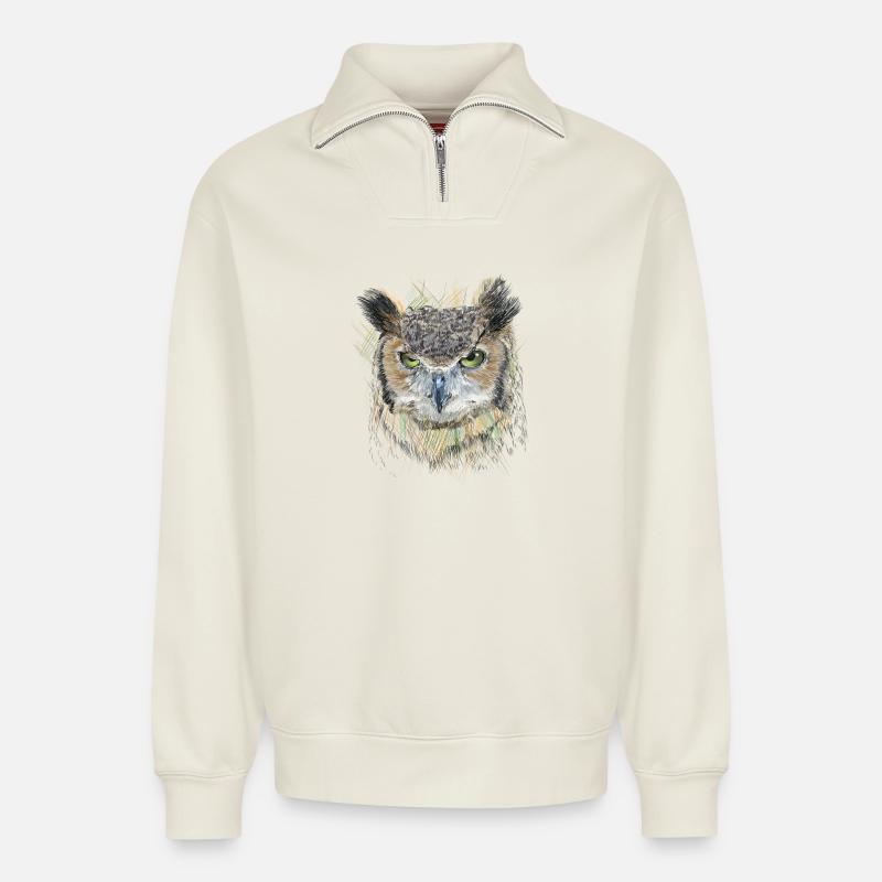 Eule - Relaxed Unisex Organic Half Zip Sweatshirt – von SPREAD - Naturweiß