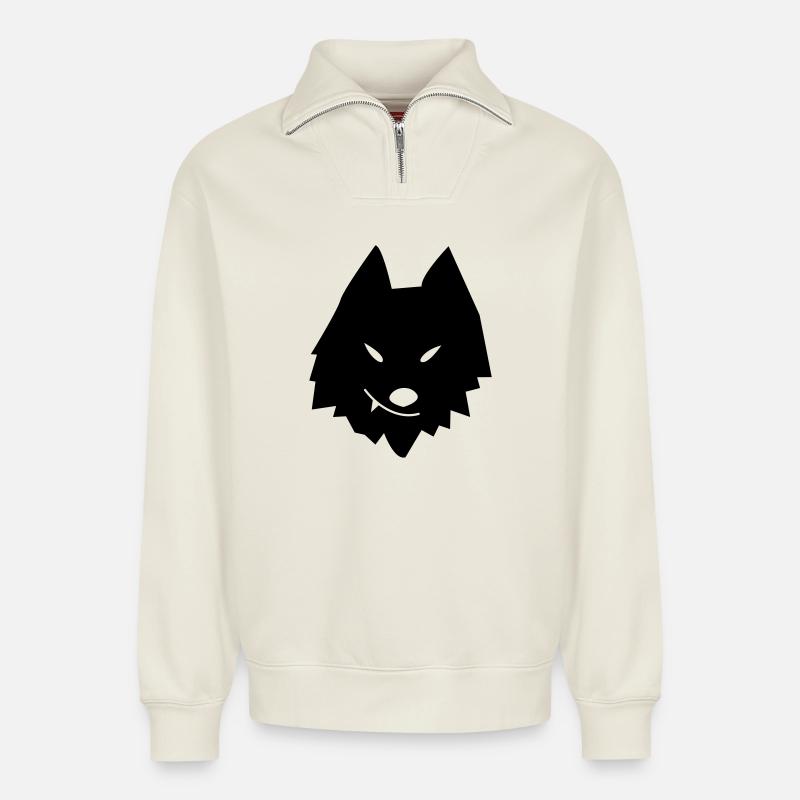 Wolfskopf Stilisiert - Relaxed Unisex Organic Half Zip Sweatshirt – von SPREAD - Naturweiß