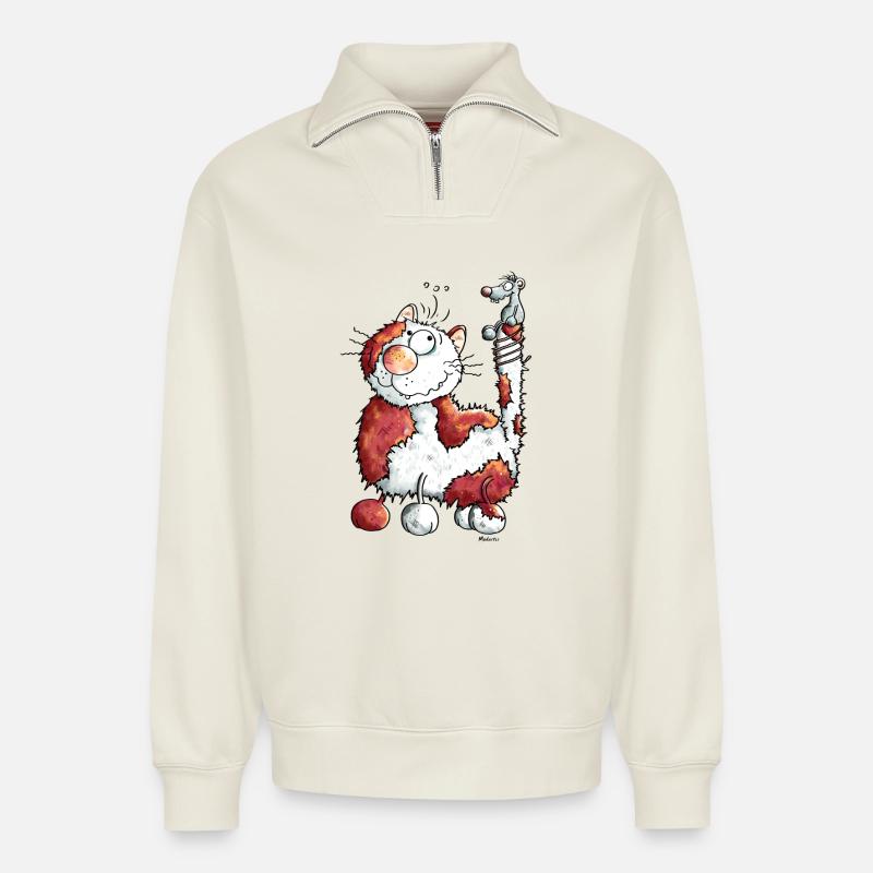 Chat Heureux - Sweat unisexe décontracté en coton biologique à demi-zip – de SPREAD - blanc cassé