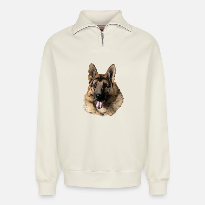 German shepherd - Sweat unisexe décontracté en coton biologique à demi-zip – de SPREAD - blanc cassé