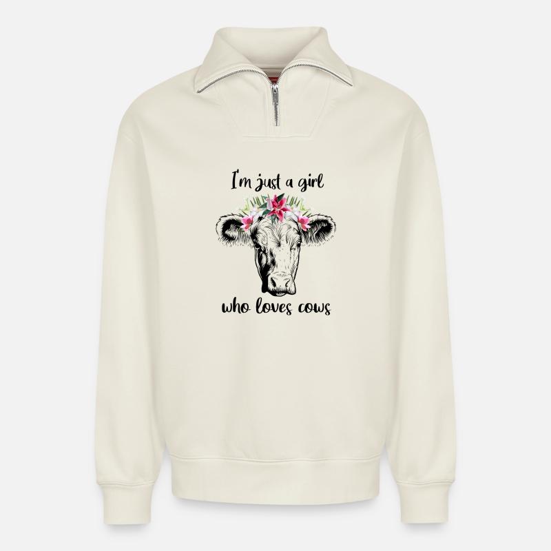 Kuh Mädchen - Relaxed Unisex Organic Half Zip Sweatshirt – von SPREAD - Naturweiß