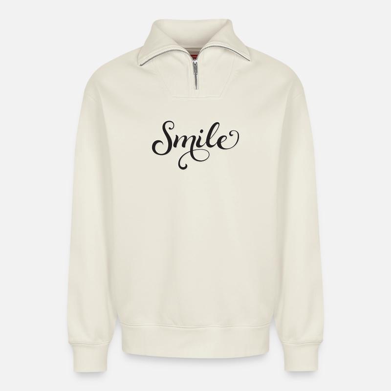 Écriture souriante Écriture Sourire - Sweat unisexe décontracté en coton biologique à demi-zip – de SPREAD - blanc cassé