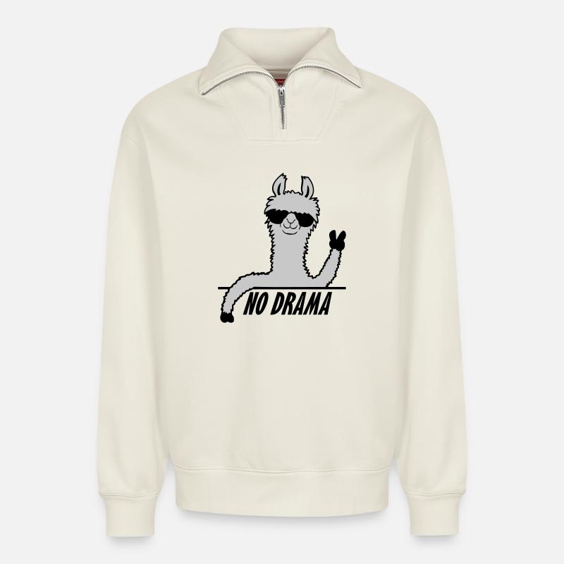 Pas de drame Lama - Sweat unisexe décontracté en coton biologique à demi-zip – de SPREAD - blanc cassé