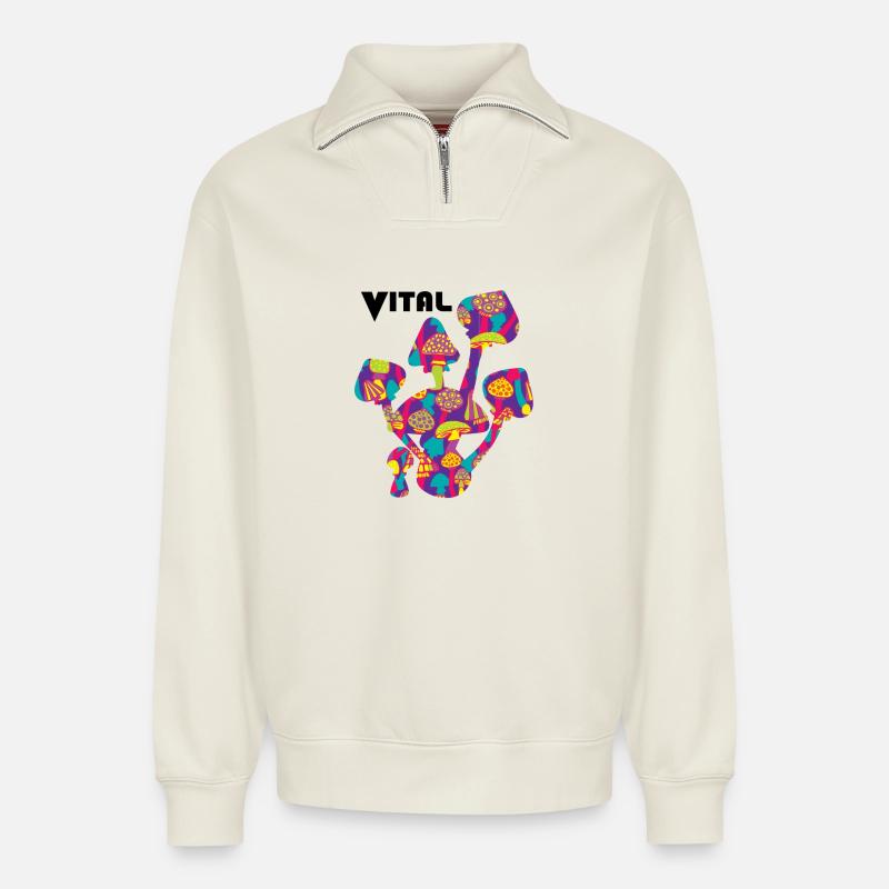 Néon champignon vital - Sweat unisexe décontracté en coton biologique à demi-zip – de SPREAD - blanc cassé