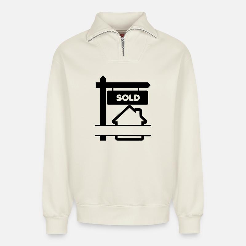 Transparentes Logo-Schild mit verkauftem - Relaxed Unisex Organic Half Zip Sweatshirt – von SPREAD - Naturweiß