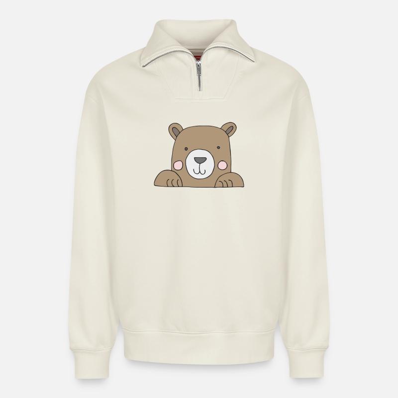 bär kopf süss - Relaxed Unisex Organic Half Zip Sweatshirt – von SPREAD - Naturweiß
