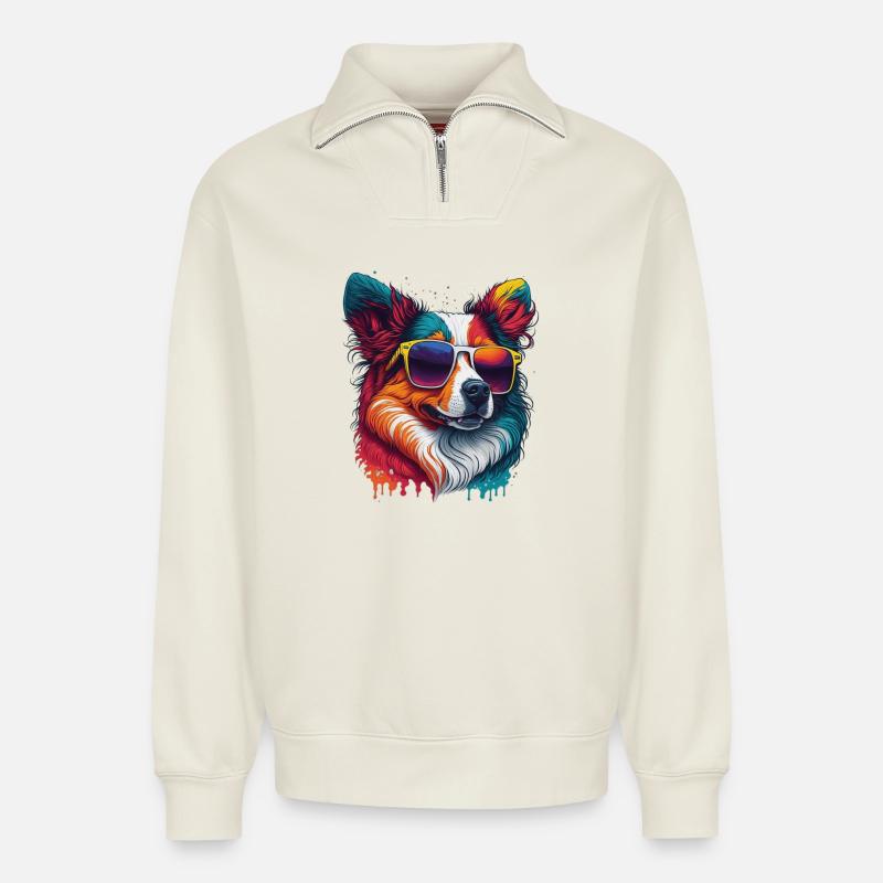 chien cool - Sweat unisexe décontracté en coton biologique à demi-zip – de SPREAD - blanc cassé