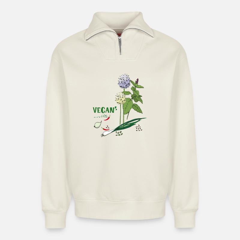 Végétalien, Herbes - Sweat unisexe décontracté en coton biologique à demi-zip – de SPREAD - blanc cassé