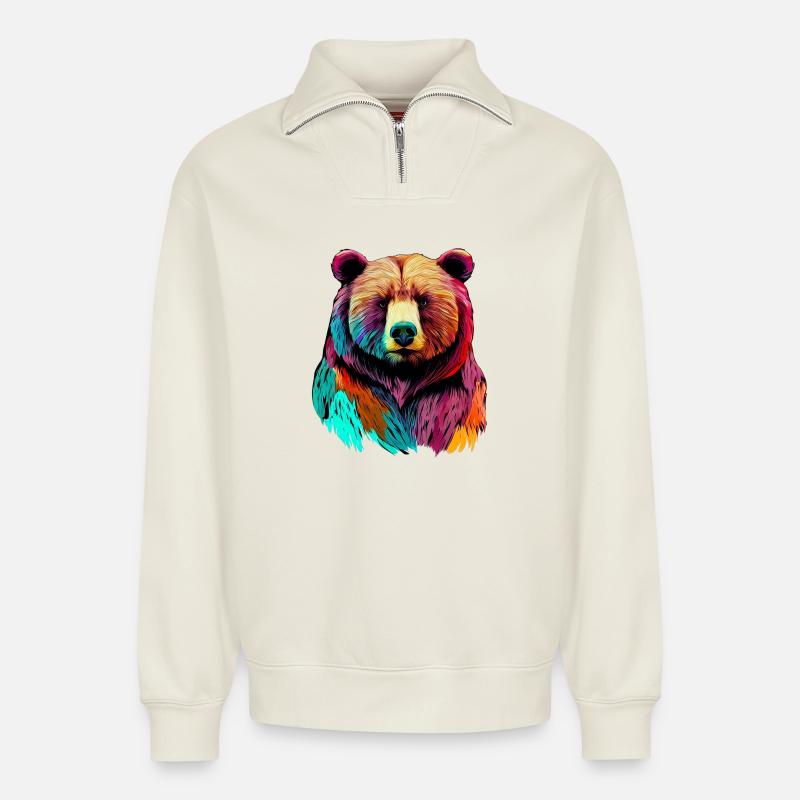 Ours - Sweat unisexe décontracté en coton biologique à demi-zip – de SPREAD - blanc cassé